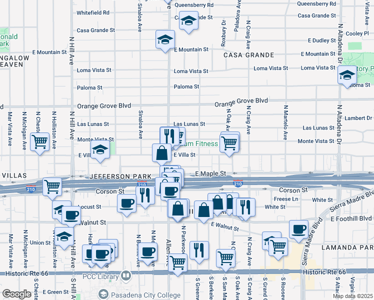 map of restaurants, bars, coffee shops, grocery stores, and more near 1887 Baldwin Alley in Pasadena