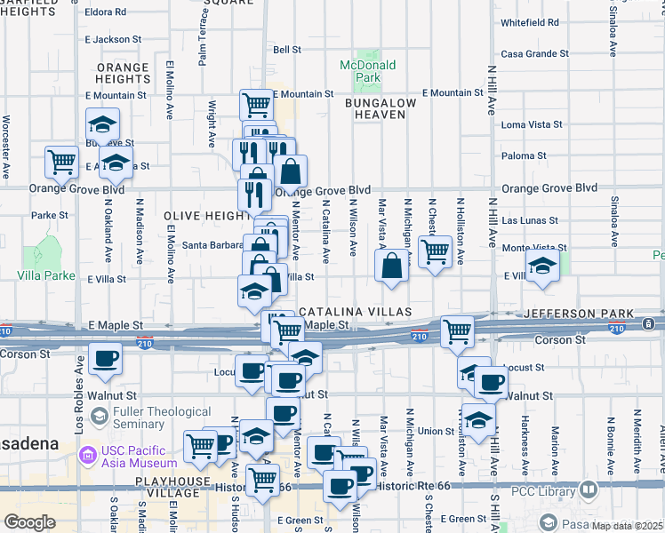 map of restaurants, bars, coffee shops, grocery stores, and more near 526 North Catalina Avenue in Pasadena