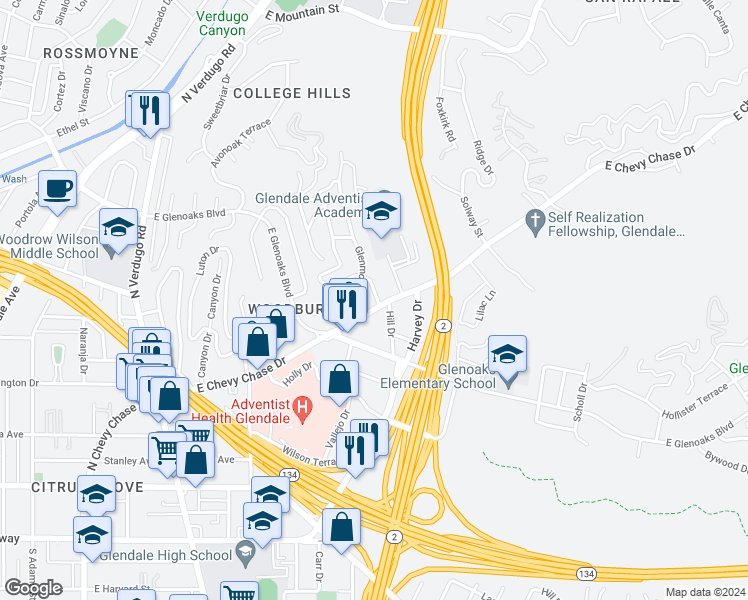 map of restaurants, bars, coffee shops, grocery stores, and more near 612 Corwin Avenue in Glendale