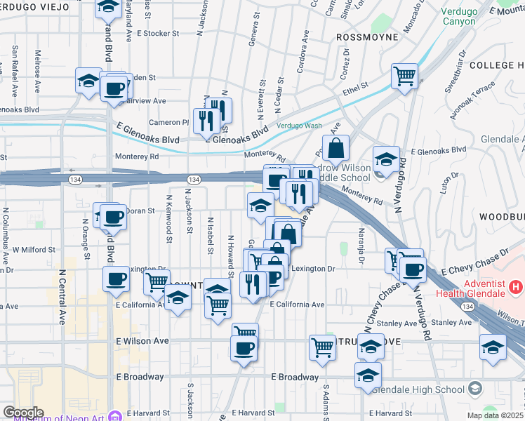 map of restaurants, bars, coffee shops, grocery stores, and more near 561 North Glendale Avenue in Glendale