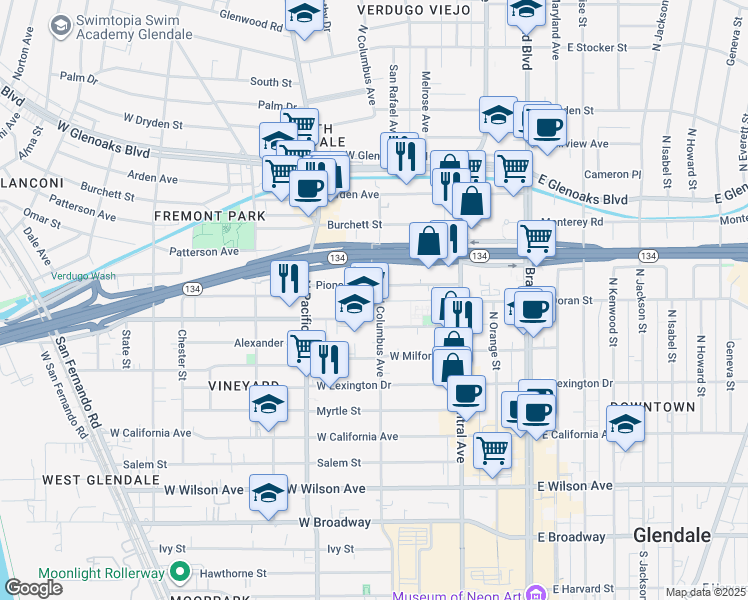 map of restaurants, bars, coffee shops, grocery stores, and more near 400 Pioneer Drive in Glendale