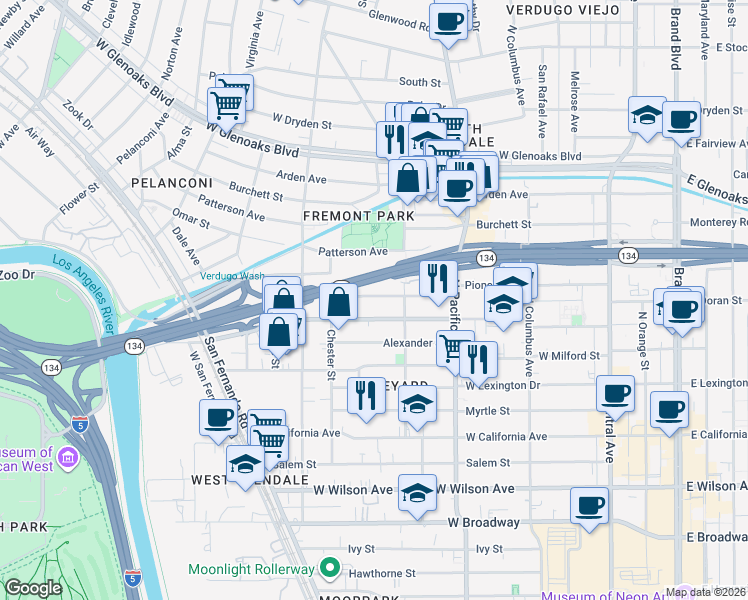 map of restaurants, bars, coffee shops, grocery stores, and more near 615 Pioneer Drive in Glendale