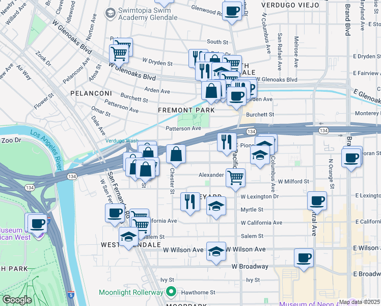 map of restaurants, bars, coffee shops, grocery stores, and more near 645 Pioneer Drive in Glendale
