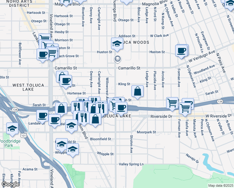 map of restaurants, bars, coffee shops, grocery stores, and more near 10611 Hortense Street in Los Angeles