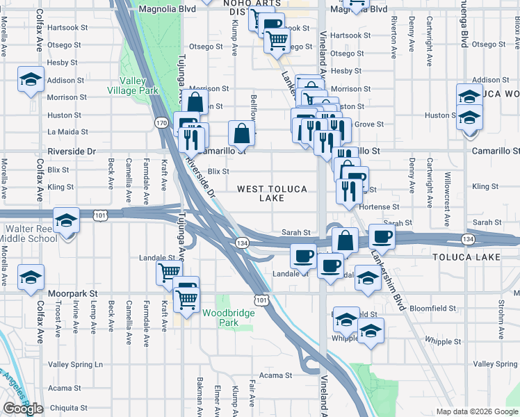map of restaurants, bars, coffee shops, grocery stores, and more near in Los Angeles