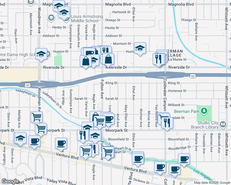 map of restaurants, bars, coffee shops, grocery stores, and more near 4635 Atoll Avenue in Los Angeles