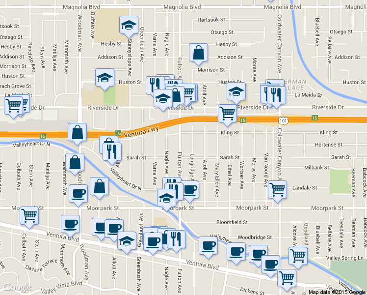 map of restaurants, bars, coffee shops, grocery stores, and more near 4634 Fulton Avenue in Los Angeles