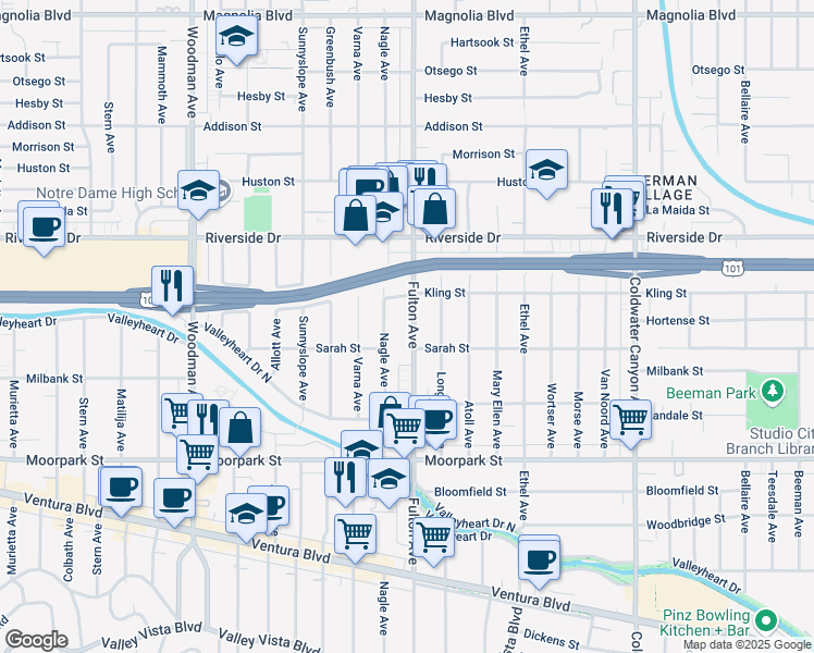 map of restaurants, bars, coffee shops, grocery stores, and more near 4634 Nagle Avenue in Los Angeles