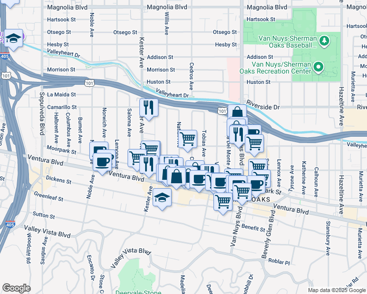 map of restaurants, bars, coffee shops, grocery stores, and more near 4609 Cedros Avenue in Los Angeles