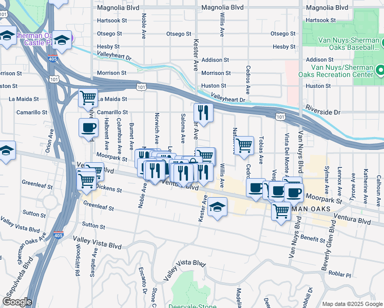 map of restaurants, bars, coffee shops, grocery stores, and more near 4631 Kester Avenue in Los Angeles