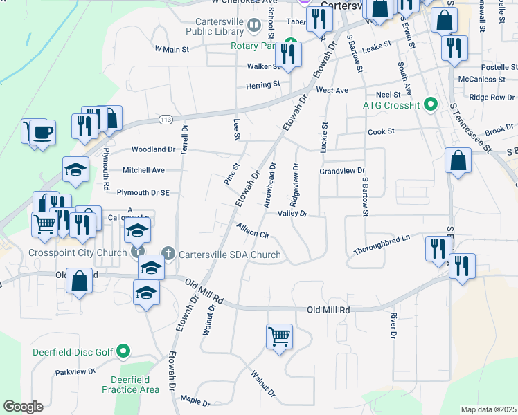 map of restaurants, bars, coffee shops, grocery stores, and more near 47 Arrowhead Drive in Cartersville