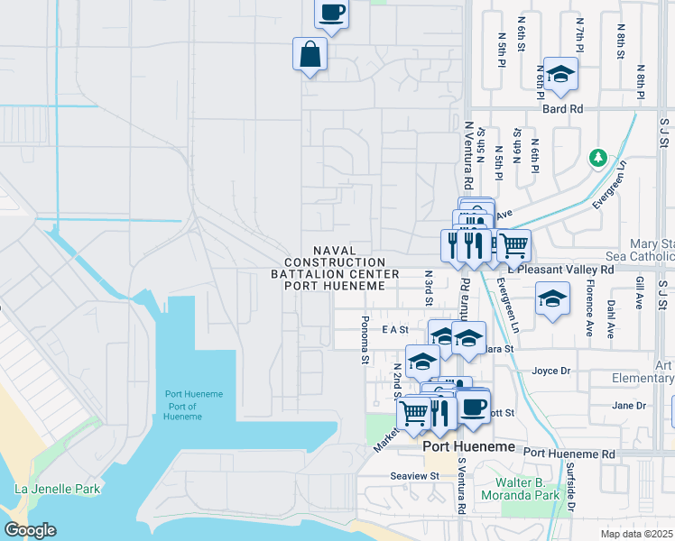 map of restaurants, bars, coffee shops, grocery stores, and more near 156 West Pleasant Valley Road in Port Hueneme