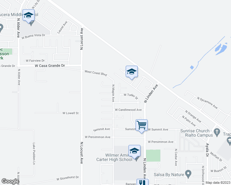 map of restaurants, bars, coffee shops, grocery stores, and more near 3035 North Maple Avenue in Rialto