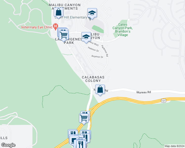 map of restaurants, bars, coffee shops, grocery stores, and more near 26344 West Plata Lane in Calabasas