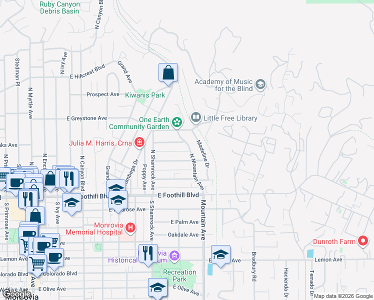 map of restaurants, bars, coffee shops, grocery stores, and more near 223 North Mountain Avenue in Monrovia
