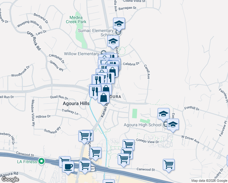 map of restaurants, bars, coffee shops, grocery stores, and more near 28947 East Thousand Oaks Boulevard in Agoura Hills