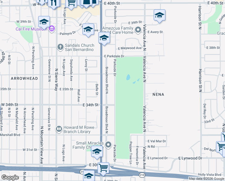 map of restaurants, bars, coffee shops, grocery stores, and more near 3507 Broadmoor Boulevard North in San Bernardino