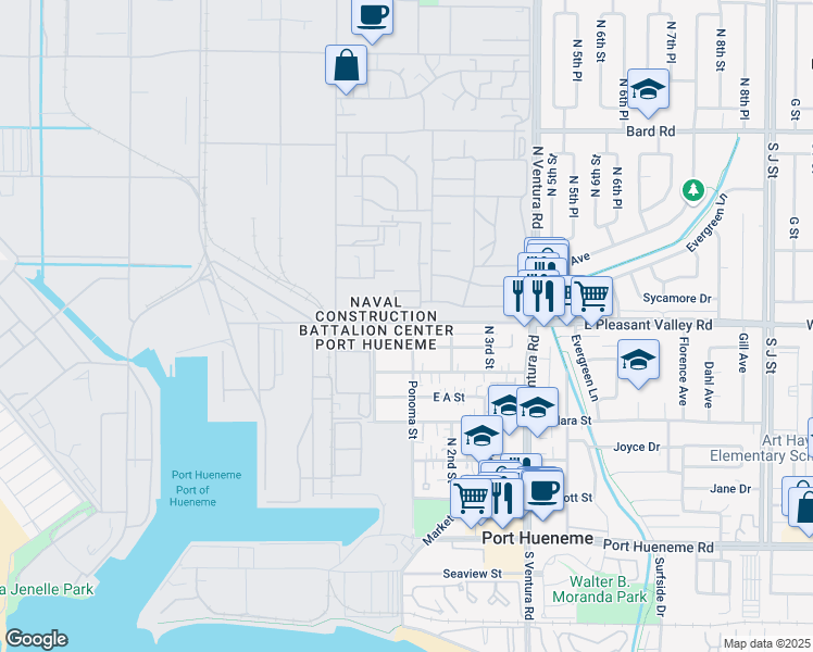 map of restaurants, bars, coffee shops, grocery stores, and more near 100 West Pleasant Valley Road in Port Hueneme