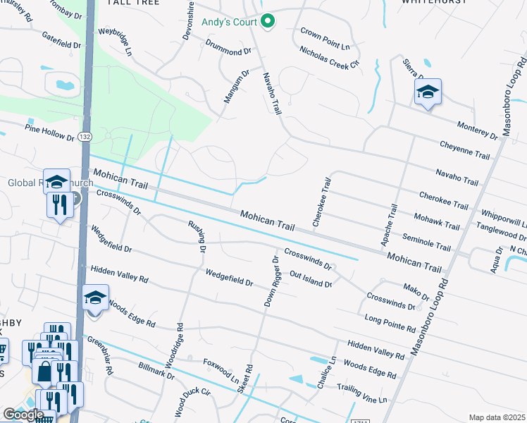 map of restaurants, bars, coffee shops, grocery stores, and more near 338 Mohican Trail in Wilmington