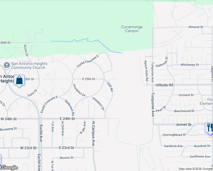 map of restaurants, bars, coffee shops, grocery stores, and more near 2487 Cliff Road in Upland