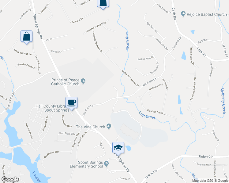 map of restaurants, bars, coffee shops, grocery stores, and more near 5515 Squirrel Nest Court in Flowery Branch