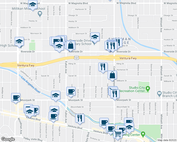 map of restaurants, bars, coffee shops, grocery stores, and more near 4627 Ethel Avenue in Los Angeles