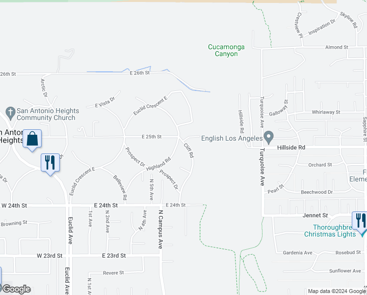 map of restaurants, bars, coffee shops, grocery stores, and more near 2487 Cliff Road in Upland