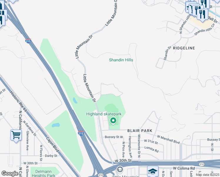 map of restaurants, bars, coffee shops, grocery stores, and more near 1440 West Edgehill Road in San Bernardino
