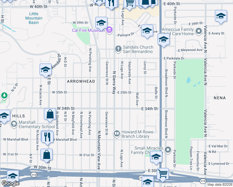 map of restaurants, bars, coffee shops, grocery stores, and more near 3507 North Sierra Way in San Bernardino
