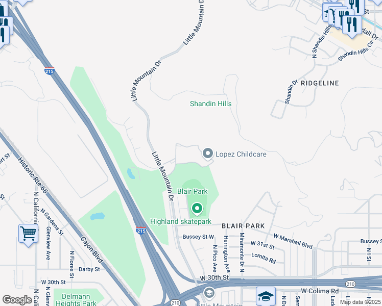 map of restaurants, bars, coffee shops, grocery stores, and more near 1440 West Edgehill Road in San Bernardino