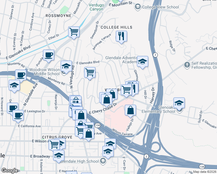 map of restaurants, bars, coffee shops, grocery stores, and more near 529 Leeridge Terrace in Glendale