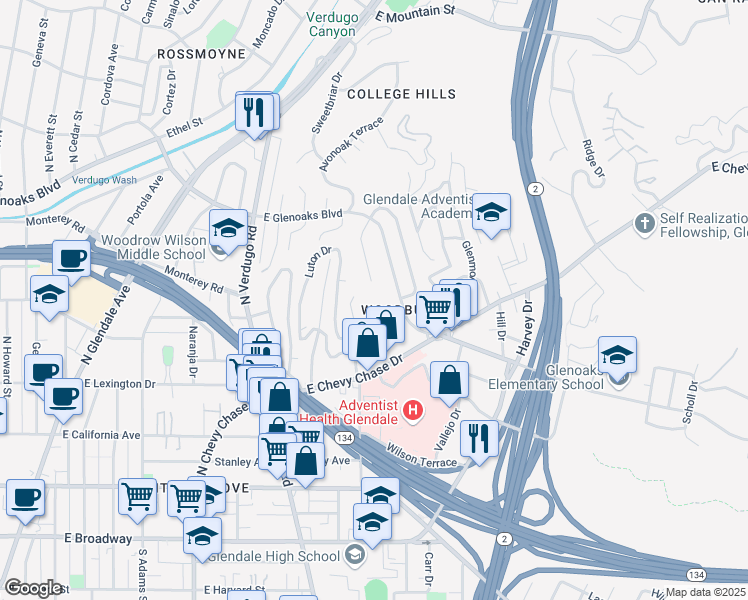 map of restaurants, bars, coffee shops, grocery stores, and more near 529 Leeridge Terrace in Glendale