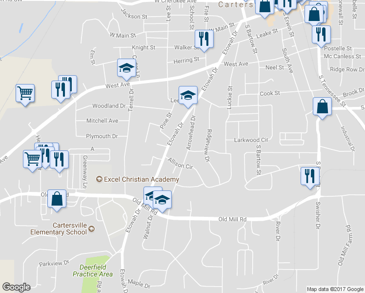 map of restaurants, bars, coffee shops, grocery stores, and more near 47 Arrowhead Drive in Cartersville