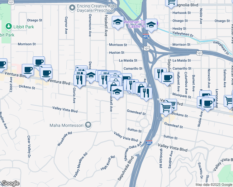 map of restaurants, bars, coffee shops, grocery stores, and more near 15531 Ventura Boulevard in Los Angeles