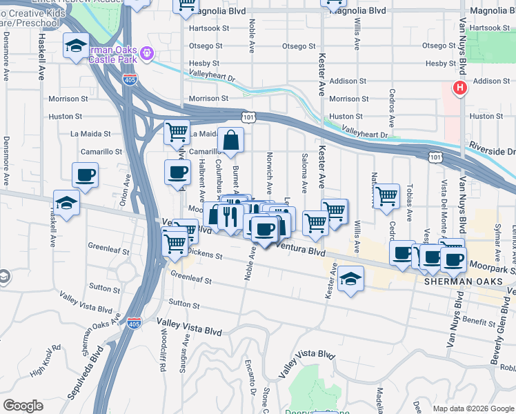 map of restaurants, bars, coffee shops, grocery stores, and more near 4635 Norwich Avenue in Los Angeles