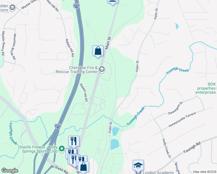 map of restaurants, bars, coffee shops, grocery stores, and more near 4099 Holly Springs Parkway in Canton