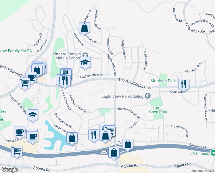 map of restaurants, bars, coffee shops, grocery stores, and more near 5631 Hurford Court in Agoura Hills