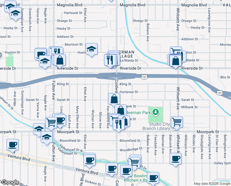 map of restaurants, bars, coffee shops, grocery stores, and more near 4632 Van Noord Avenue in Los Angeles