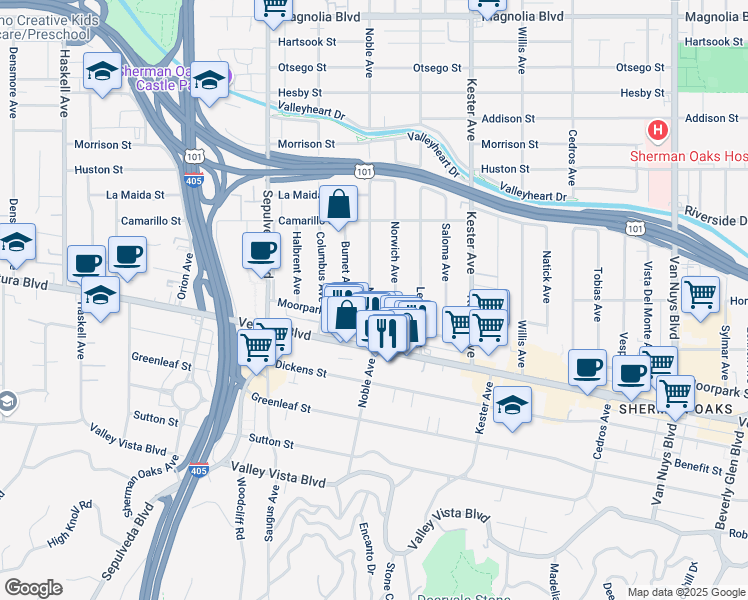 map of restaurants, bars, coffee shops, grocery stores, and more near 4635 Norwich Avenue in Los Angeles