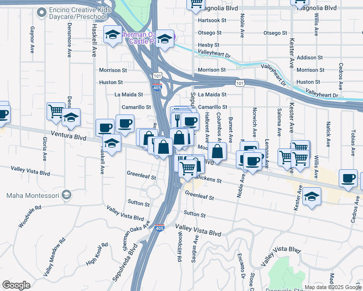 map of restaurants, bars, coffee shops, grocery stores, and more near Unnamed Road in Los Angeles
