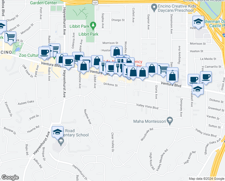 map of restaurants, bars, coffee shops, grocery stores, and more near 4602 Hurford Terrace in Los Angeles