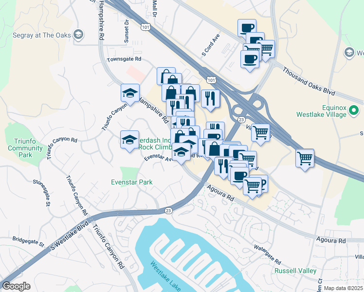 map of restaurants, bars, coffee shops, grocery stores, and more near 870 Hampshire Road in Thousand Oaks