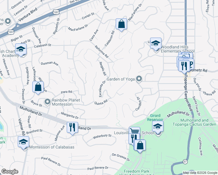 map of restaurants, bars, coffee shops, grocery stores, and more near 4775 Regalo Road in Los Angeles