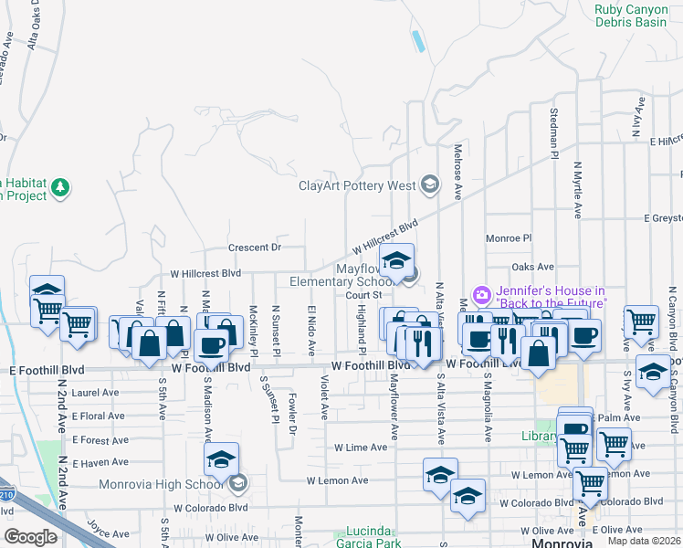 map of restaurants, bars, coffee shops, grocery stores, and more near 226 Mauna Loa Drive in Monrovia