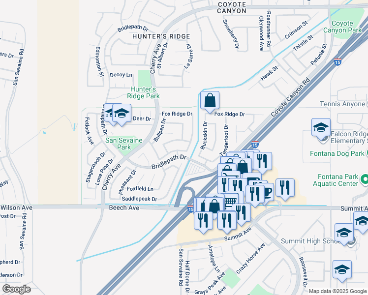 map of restaurants, bars, coffee shops, grocery stores, and more near 14918 New Foal Trail in Fontana