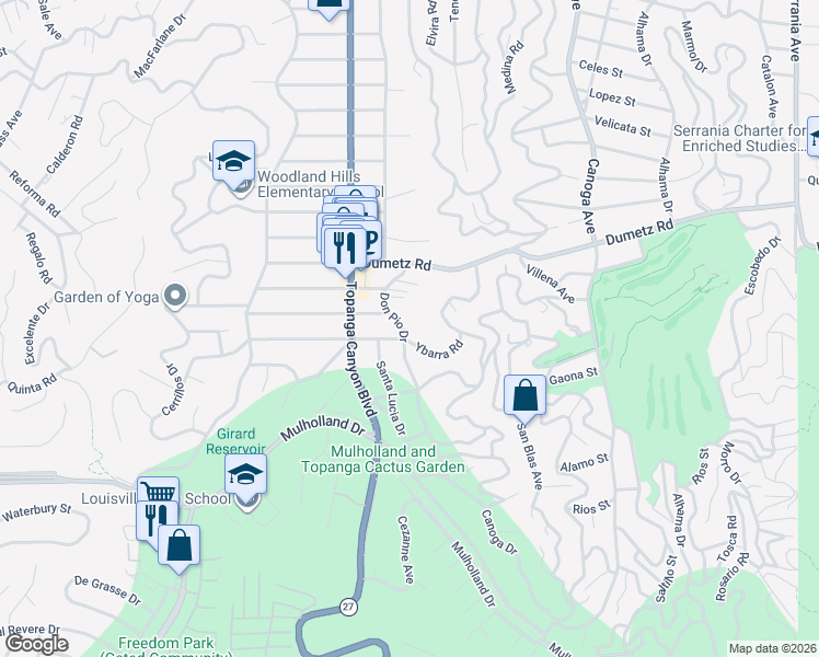 map of restaurants, bars, coffee shops, grocery stores, and more near 4808 Don Pio Drive in Los Angeles