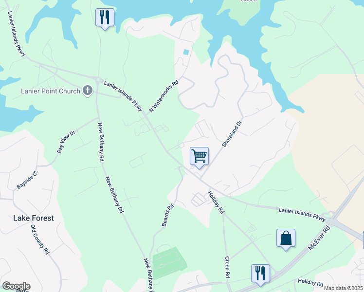 map of restaurants, bars, coffee shops, grocery stores, and more near 6005 Lanier Islands Parkway in Buford