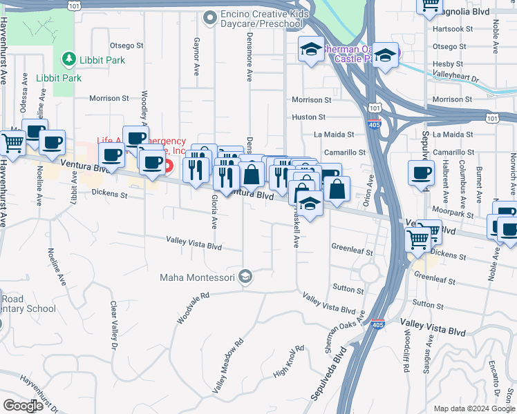 map of restaurants, bars, coffee shops, grocery stores, and more near 15760 Ventura Boulevard in Los Angeles