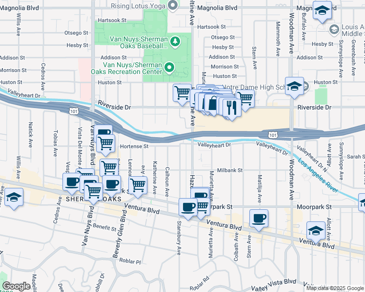 map of restaurants, bars, coffee shops, grocery stores, and more near 4564 Stansbury Avenue in Los Angeles