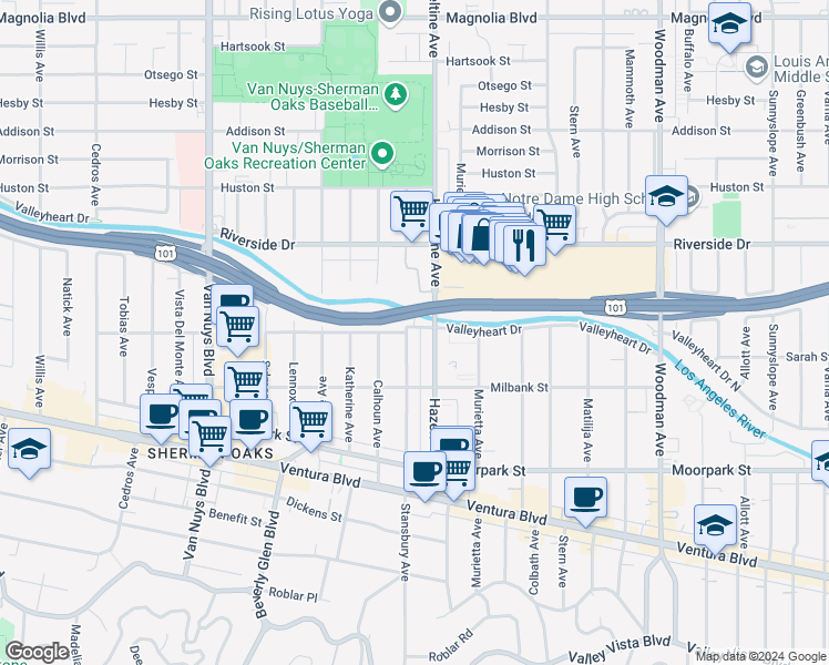 map of restaurants, bars, coffee shops, grocery stores, and more near 4564 Stansbury Avenue in Los Angeles